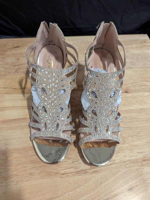 Photo 1 of Olivia K Women's Open Toe Strappy Rhinestone Dress Sandal Low Heel Wedding Shoes White Glitter - adorable, comfortable - Champagne - Size 8.5