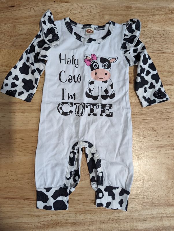 Photo 2 of Infant Baby Boy Girl Romper Pullover Unisex Cow Print Long Sleeve Jumpsuit Top Knit Button One Piece Clothes + Beanie Hat & Bow Wrap - Size 0-6 Months
