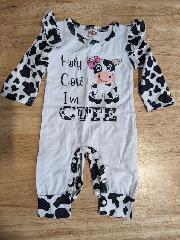 Photo 1 of Infant Baby Boy Girl Romper Pullover Unisex Cow Print Long Sleeve Jumpsuit Top Knit Button One Piece Clothes + Beanie Hat & Bow Wrap - Size 0-6 Months
