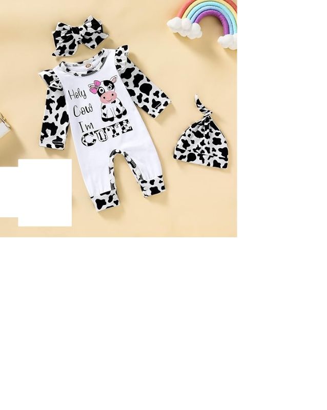 Photo 1 of Infant Baby Boy Girl Romper Pullover Unisex Cow Print Long Sleeve Jumpsuit Top Knit Button One Piece Clothes + Beanie Hat & Bow Wrap - Size 0-6 Months

