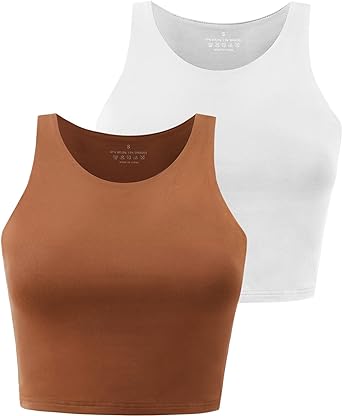 Photo 1 of Yeawinta Workout Crop Tops for Women Cropped Racerback Halter Neck Shirts Sleeveless Yoga Tops 2 Pack - White & Brown - Size Small
