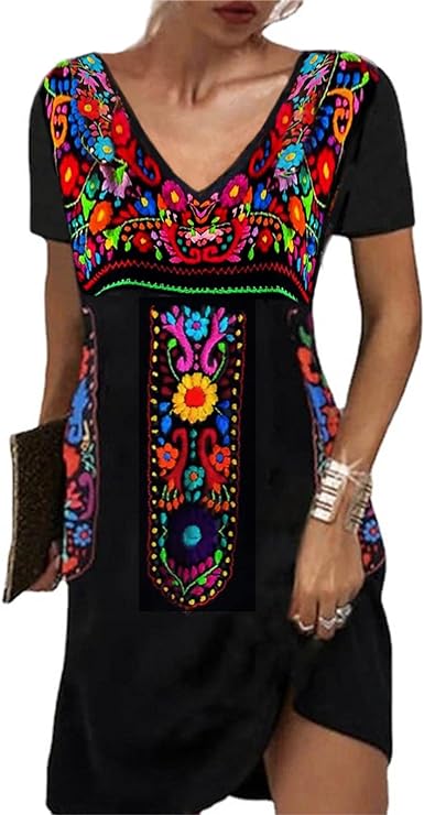 Photo 1 of Melliflo Women's Round Neck Short Sleeve Mexican Dress Floral Embroidered Tshirt Dress Ethnic Boho Midi Dresses - Size Medium