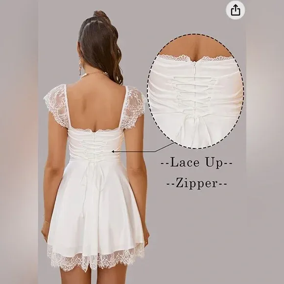 Photo 2 of Ellefemme - Women's Satin White Lace Strap Mini Dress - White - Size M - NWT