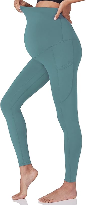 Photo 2 of POSHDIVAH Women's Maternity Workout Leggings Over The Belly Pregnancy Yoga Pants with Pockets Soft Activewear Work Pants - Sky Blue - Size XS