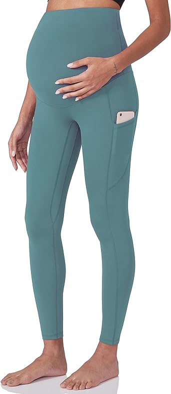 Photo 1 of POSHDIVAH Women's Maternity Workout Leggings Over The Belly Pregnancy Yoga Pants with Pockets Soft Activewear Work Pants - Sky Blue - Size XS
