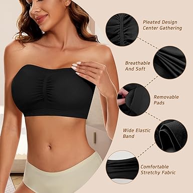 Photo 2 of SEXYEYE Women Bandeau Bra Padded Wireless Strapless Bra Seamless Bandeau Sports Bra Bandeau Bralette Wirefree Tube Top Bra - 2 Pack, Black & Beige - Size Large - NWT