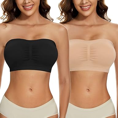 Photo 1 of SEXYEYE Women Bandeau Bra Padded Wireless Strapless Bra Seamless Bandeau Sports Bra Bandeau Bralette Wirefree Tube Top Bra - 2 Pack, Black & Beige - Size Large - NWT