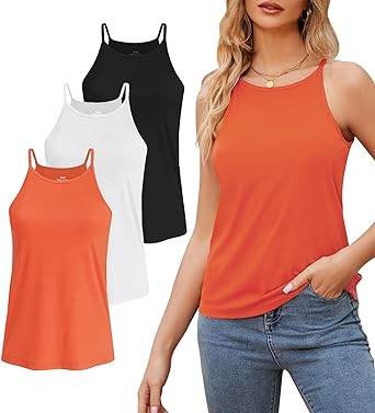 Photo 1 of Degkim High Neck Tank Top for Women Camisole Trendy Sleeveless Shirts Loose Fit Cami Tanks 3 Pack - Black, White, Orange - Size Medium