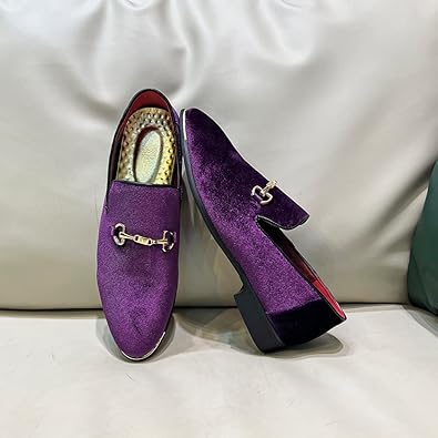 Photo 2 of FLQL Men's Luxury Penny Loafer Slip-On Velvet Shoes Party Dancing Shoes Suede Wedding Shoes - Purple - Size 7

