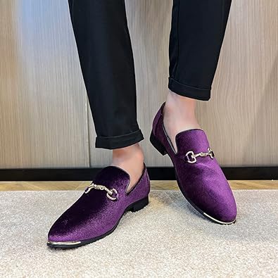 Photo 1 of FLQL Men's Luxury Penny Loafer Slip-On Velvet Shoes Party Dancing Shoes Suede Wedding Shoes - Purple - Size 7
