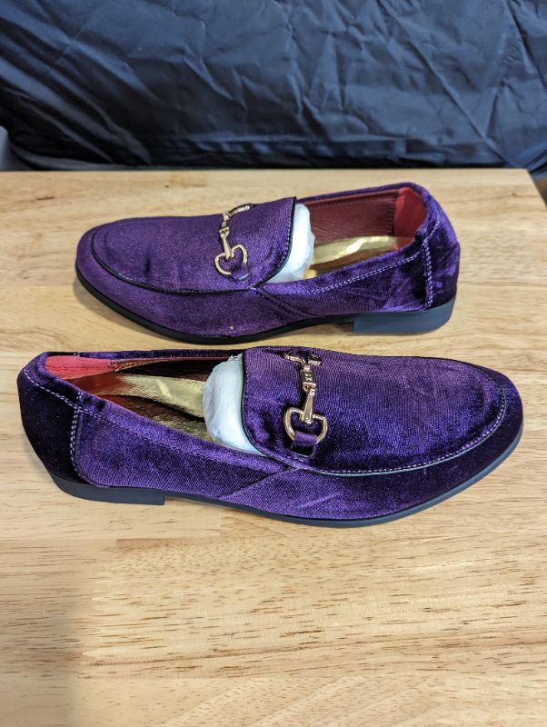 Photo 4 of FLQL Men's Luxury Penny Loafer Slip-On Velvet Shoes Party Dancing Shoes Suede Wedding Shoes - Purple - Size 7
