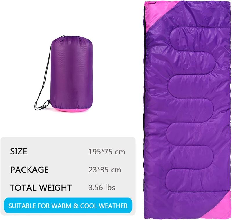 Photo 2 of Camping Sleeping Bag for Adults Boys and Girls,Cold and Warm Weather-Summer, Spring, Fall, Lightweight, Waterproof Compact Bag for Camping Gear Equipment, Traveling, and Outdoors - Purple