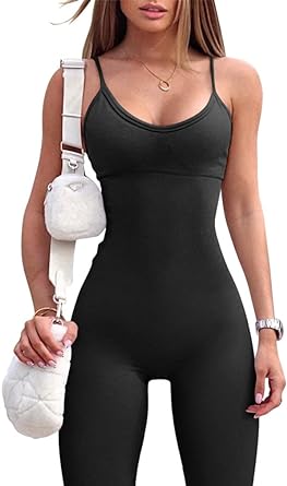 Photo 1 of OQQ Womens Seamless Spaghetti Strap Leisure Yoga Workout Gym Leggings Padded Bra Jumpsuit - Black - Size Small