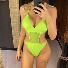 Photo 1 of One Piece Mesh Cut Out Bathing Suit - Lime Green - Size M