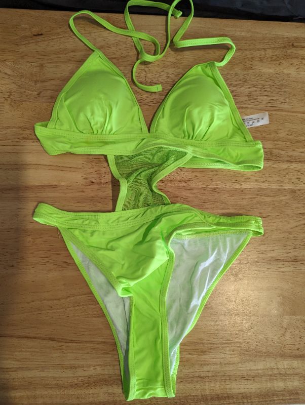 Photo 2 of One Piece Mesh Cut Out Bathing Suit - Lime Green - Size M