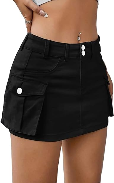 Photo 1 of Low Waist Cargo Skirt Women Button Mini Cargo Denim Skirt with Pocket Mini Skirt - Black - Size XS