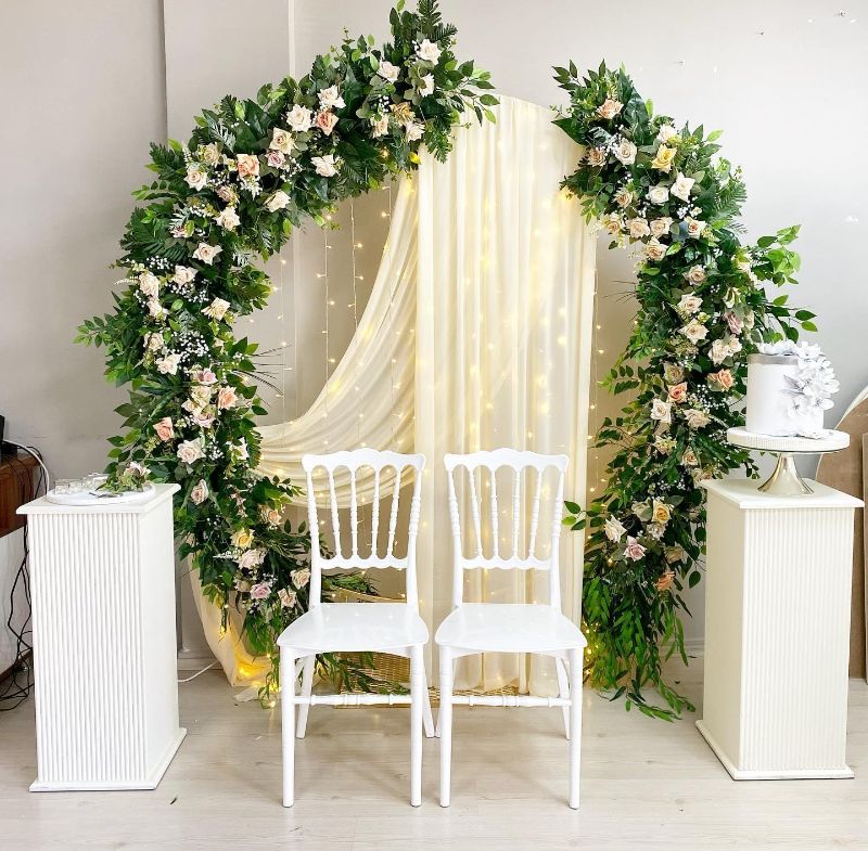 Photo 3 of Wedding Arch Fabric Drape Ivory 3 Panels 6 Yards Sheer Backdrop Curtain Chiffon Fabric for Party Ceremony Stage Reception Decorations
