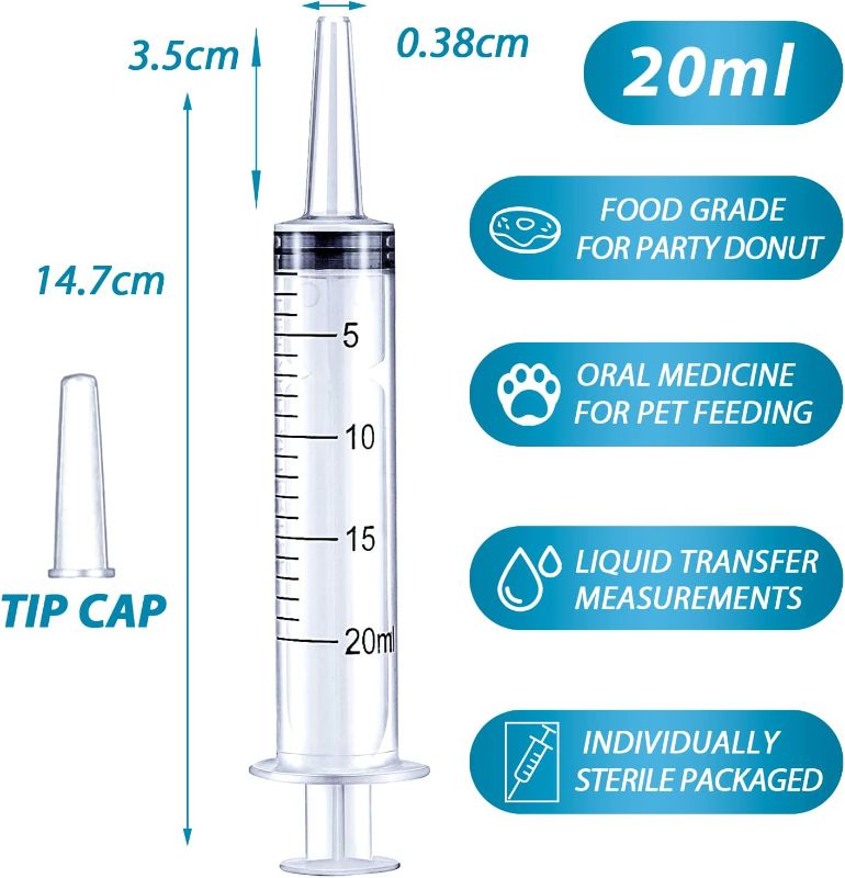 Photo 2 of 20ml Syringe for Liquid, Oral, Scientific Labs, Measurement, Dispensing, with Cap- 3 PC Pack 20ml Syringes
