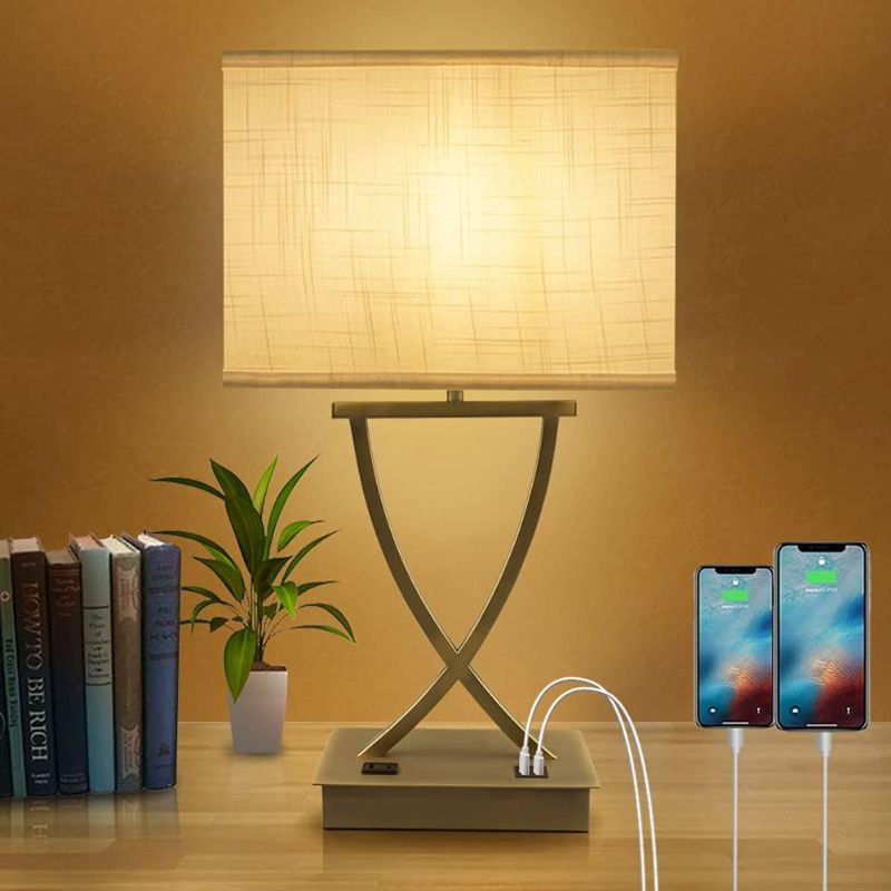 Photo 1 of OYedis 3-Way Dimmable Touch Control Table Lamp with Type C/USB Charging Port and 1 AC Outlet White Linen Shade 21.38" Bedside Nightstand Lamp for Bedroom Living Room Office and Hotel Bulb Included