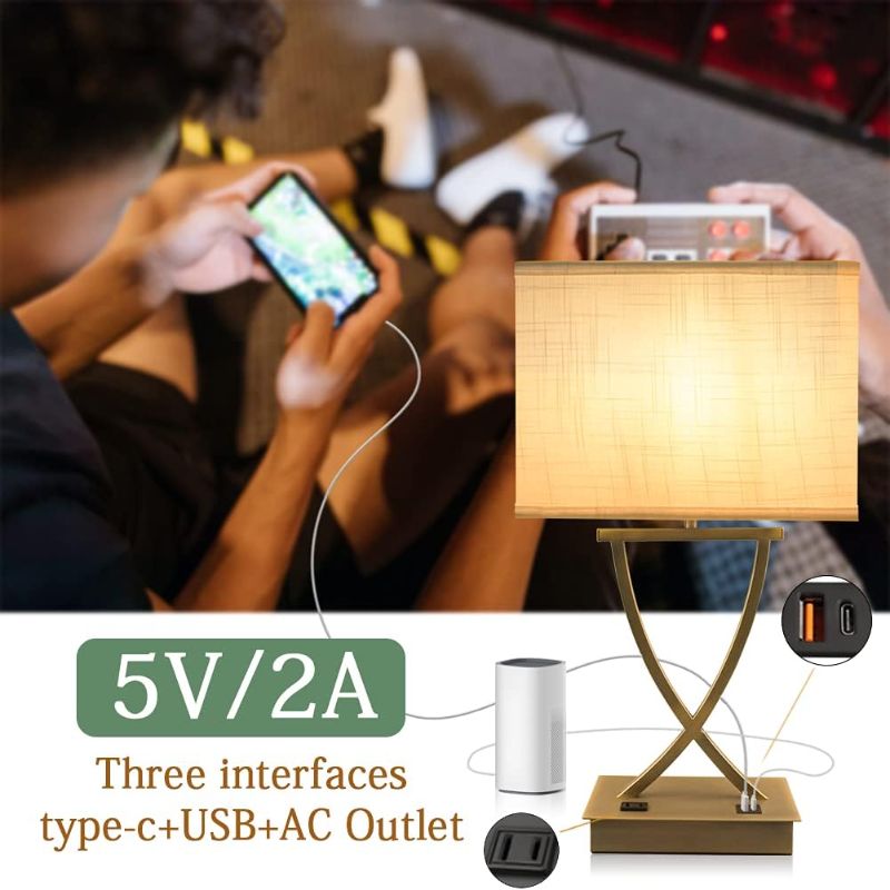 Photo 3 of OYedis 3-Way Dimmable Touch Control Table Lamp with Type C/USB Charging Port and 1 AC Outlet White Linen Shade 21.38" Bedside Nightstand Lamp for Bedroom Living Room Office and Hotel Bulb Included