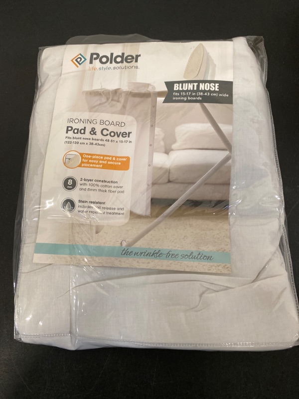 Photo 3 of Polder Blunt Nose Ironing Board Cover, Stain Resistant, Water Repellent, 48-51 x 15-17 Inch, 100% Cotton Cover with 8mm Pad and Bungee Cord Binding, White
