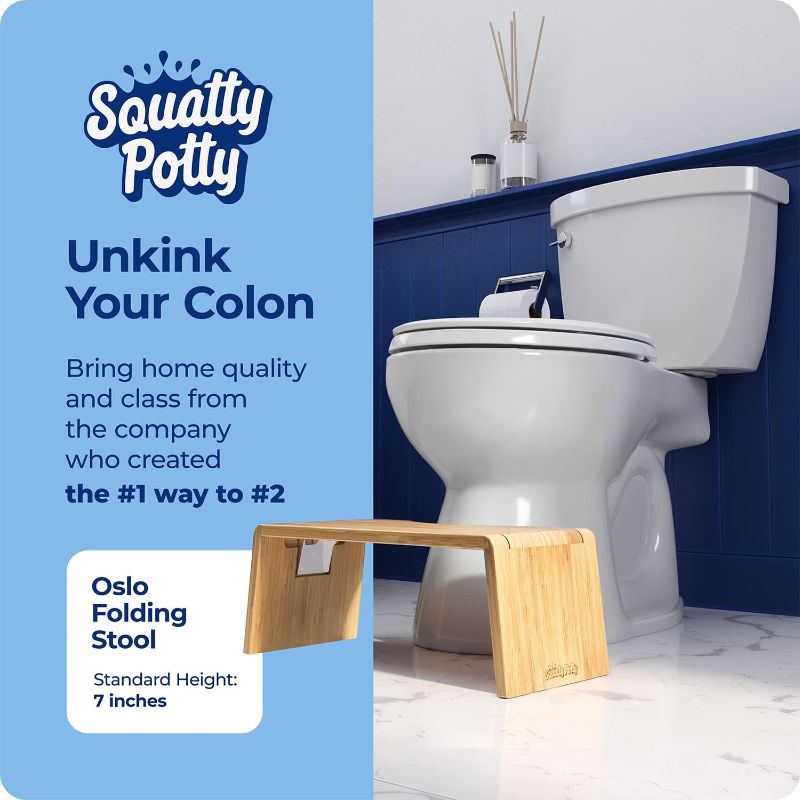 Photo 2 of Squatty Potty Oslo Folding Bamboo Toilet Stool – 7 Inches, Collapsible Bathroom Stool for Kids and Adults – Brown, Portable and Space-Saving
