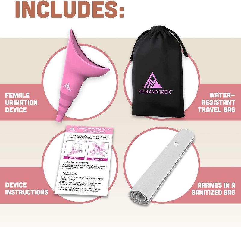 Photo 3 of Pitch and Trek Female Urination Device, Silicone Standing Pee Funnel w/Discreet Carry Bag, for Travel, Road Trip, Festival, Camping & Hiking Gear Essentials for Women, Pink
