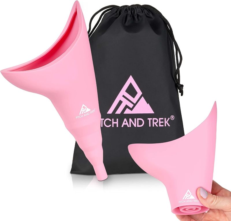 Photo 1 of Pitch and Trek Female Urination Device, Silicone Standing Pee Funnel w/Discreet Carry Bag, for Travel, Road Trip, Festival, Camping & Hiking Gear Essentials for Women, Pink
