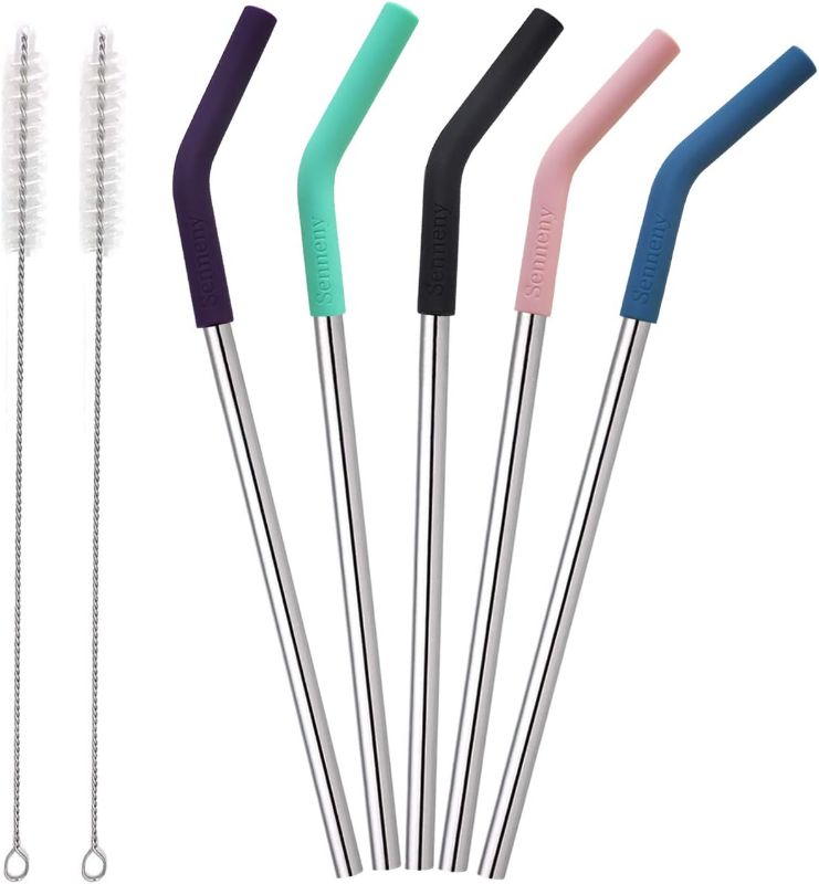 Photo 1 of Senneny Set of 5 Stainless Steel Straws with Silicone Flex Tips Elbows Cover, 2 Cleaning Brushes and 1 Portable Bag Included (Silver)- 8mm diameter
