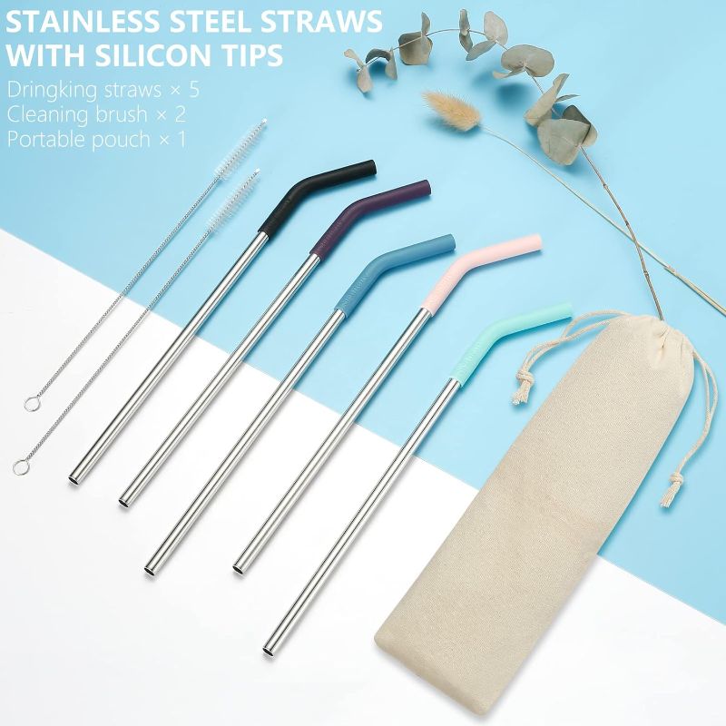 Photo 3 of Senneny Set of 5 Stainless Steel Straws with Silicone Flex Tips Elbows Cover, 2 Cleaning Brushes and 1 Portable Bag Included (Silver)- 8mm diameter
