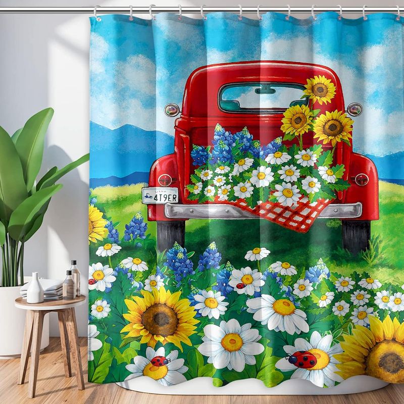 Photo 1 of HEXAGRAM - Spring Summer Shower Curtain, Floral Truck Daisy Shower Curtains for Bathroom, Seasonal Home Decor Waterproof Fabric with Hooks 72x72 Inch
