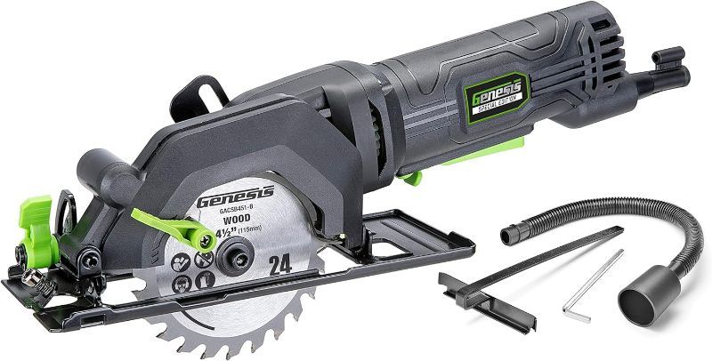 Photo 1 of Genesis GCS445SE 4.0 Amp 4-1/2" Compact Circular Saw with 24T Carbide-Tipped Blade, Rip Guide, Vacuum Adapter, and Blade Wrench
