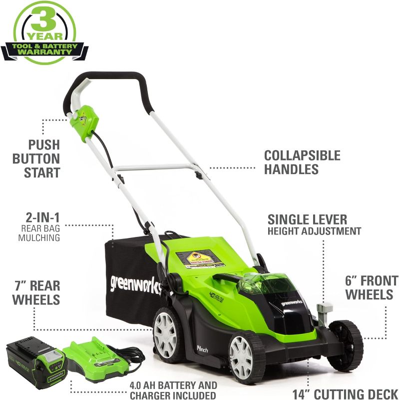 Photo 1 of Greenworks 40V 14" Cordless (Push) Lawn Mower (75+ Compatible Tools), 4.0Ah Battery and Charger Included
