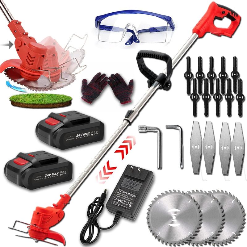 Photo 1 of Weed Wacker Cordless Grass Trimmer Weed Eater Electric Brush Cutter Quick Charger Cordless Lightweight Electric Edger Lawn Tool for Lawn Garden Pruning and Trimming(Red)- Missing Parts
