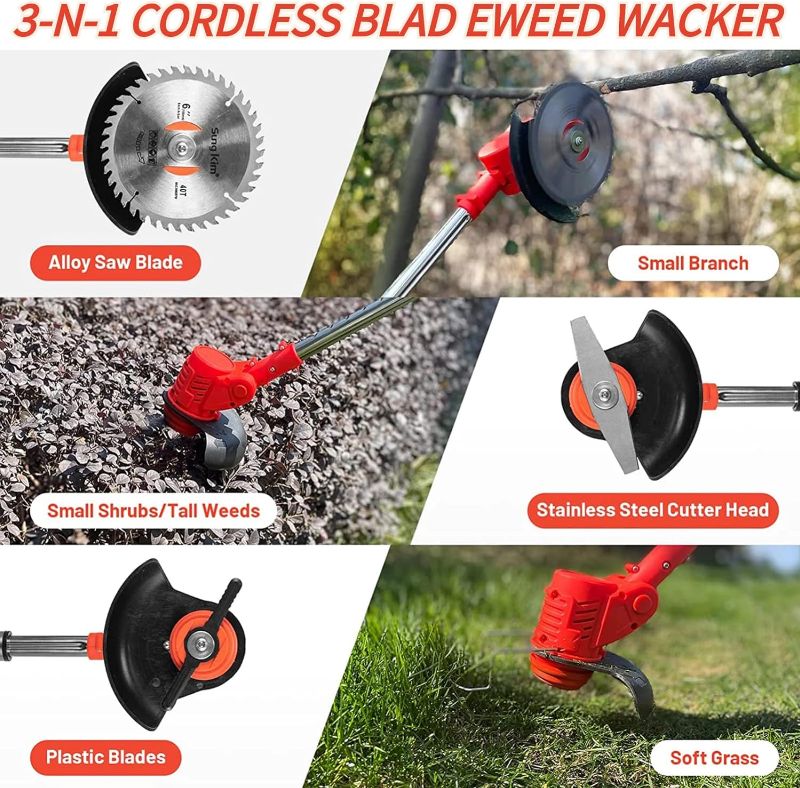 Photo 2 of Weed Wacker Cordless Grass Trimmer Weed Eater Electric Brush Cutter Quick Charger Cordless Lightweight Electric Edger Lawn Tool for Lawn Garden Pruning and Trimming(Red)- Missing Parts
