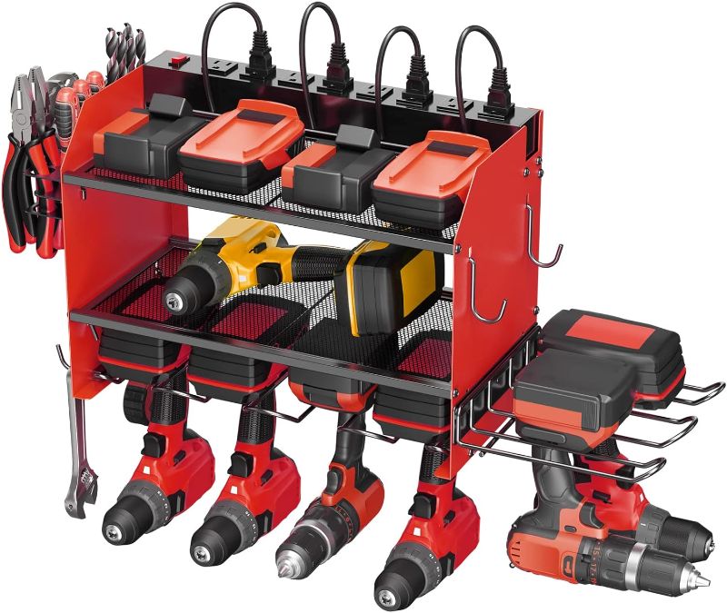 Photo 1 of CCCEI Modular Power Tool Organizer Wall Mount Charging Station, Red 6 Drills Holder with 8 Plug Power Strip, Garage Drill Battery Heavy Duty Metal Shelf, Utility Rack with Hooks, Side Storage.
