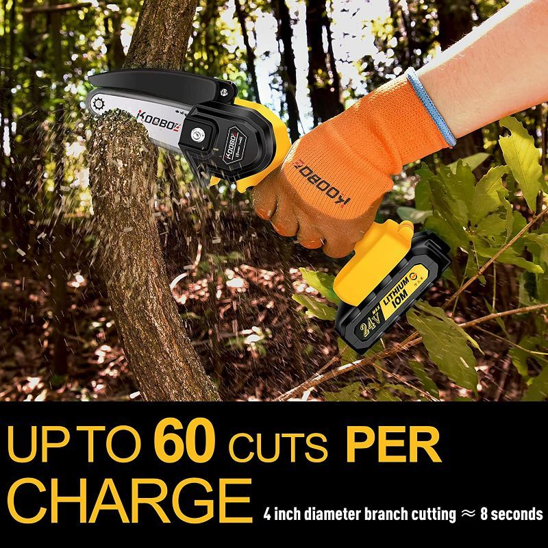 Photo 3 of Kooboe Mini Chainsaw,Cordless Chain Saw with 2 Replacement Chains,4" Handheld Electric Chainsaw with Safe Baffles,24V Battery Operated Portable Chainsaw for Wood Cut,Pruning,Tree Trimming,Firewood - ORANGE
