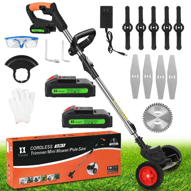 Photo 1 of Weed Eater Battery Powered Weed Wacker with Blades, 3 in 1 Cordless Grass Trimmer Foldable and Lightweight, with 3 Types Blades and 2Pcs Li-Ion Batteries 21V 2Ah Black 21V 2.0A battery x 2 Black-  Missing Parts