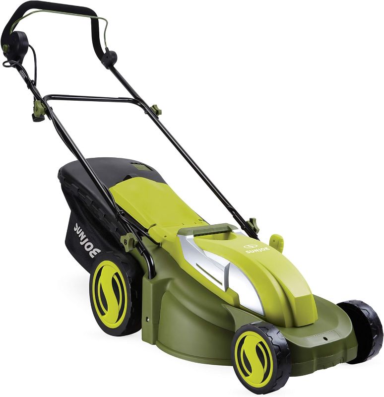 Photo 2 of Sun Joe MJ403E 17-Inch 13-Amp Electric Lawn Mower/Mulcher, 7-Position Adjustment, 12-Gallon Detachable Grass Collection Bag, Lightweight, Standard, Green
