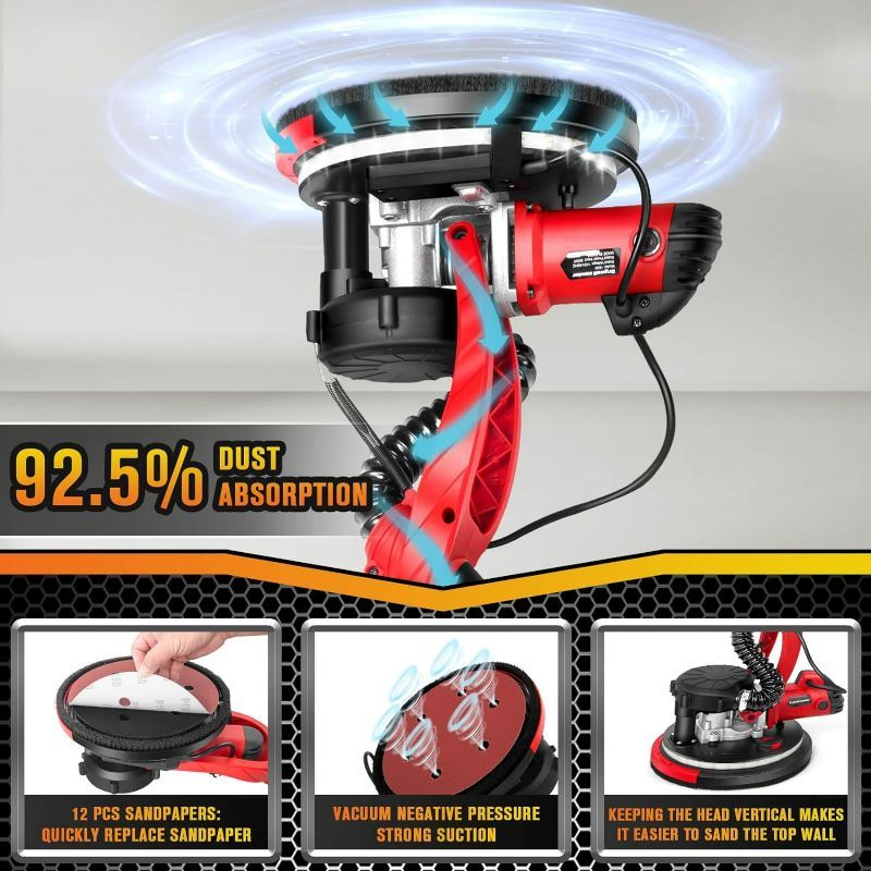 Photo 2 of KITLUCK - Drywall Sander with 5 Variable Speeds and Double-Deck LED?750W High Power - Ideal for grinding drywall, ceilings, interior walls, exterior walls,loose plaster - MISSING PARTS
