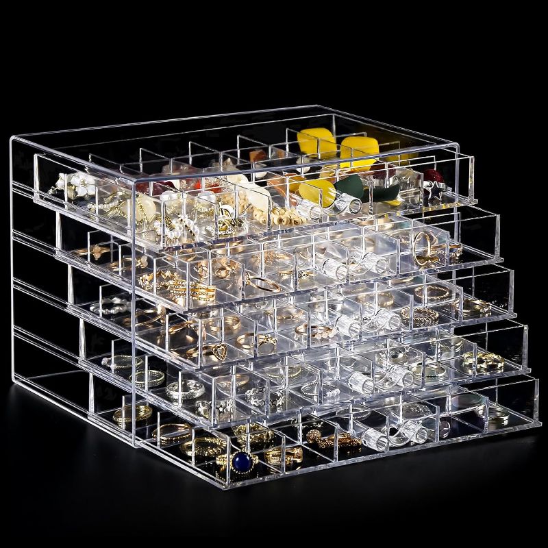 Photo 1 of Greentainer Acrylic Jewelry Box Clear Earring Storage Organizer with Transparent Lid for 7 Tier Drawer,Stackable Jewelry Box Tray for Women Girls,jewlery Case for Ring Bracelet Necklace
