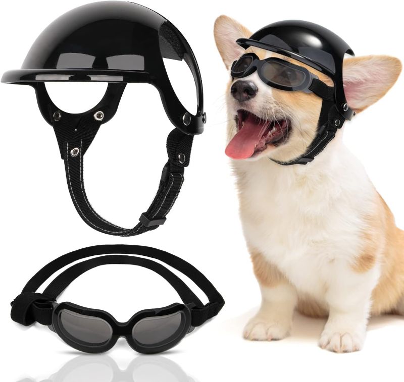 Photo 1 of SlowTon Dog Helmet and Goggles for Small Dogs - UV Protection Doggy Sunglasses Dog Glasses Pet Motorcycle Helmet Hat with Ear Holes Adjustable Belt Safety Hat for Puppy Riding (Black, Small)
