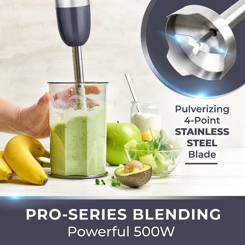 Photo 2 of Mueller Pro Series Hand Blender, 500W Immersion Blender, Heavy-Duty Titanium Steel Blades, Stepless Speed Control, Detachable Shaft, Ergonomic Handle, Gray
