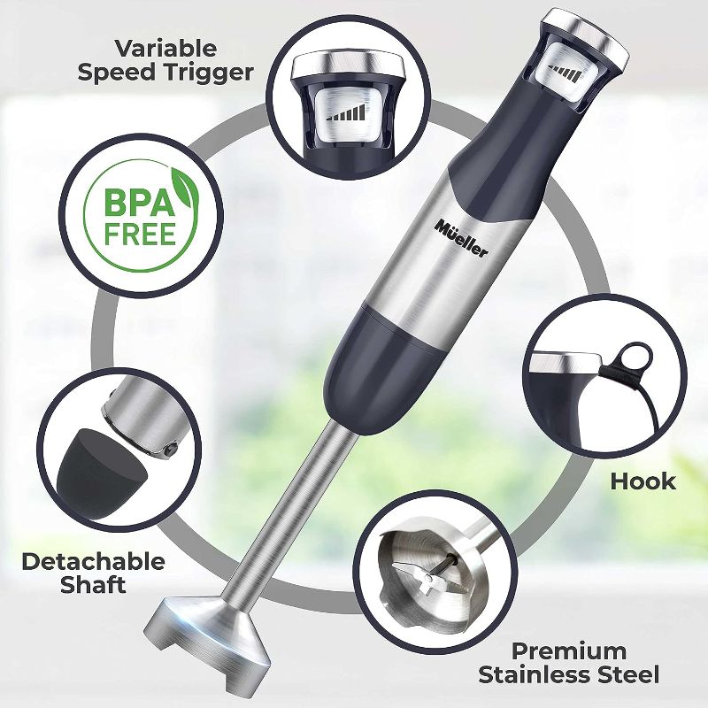 Photo 3 of Mueller Pro Series Hand Blender, 500W Immersion Blender, Heavy-Duty Titanium Steel Blades, Stepless Speed Control, Detachable Shaft, Ergonomic Handle, Gray
