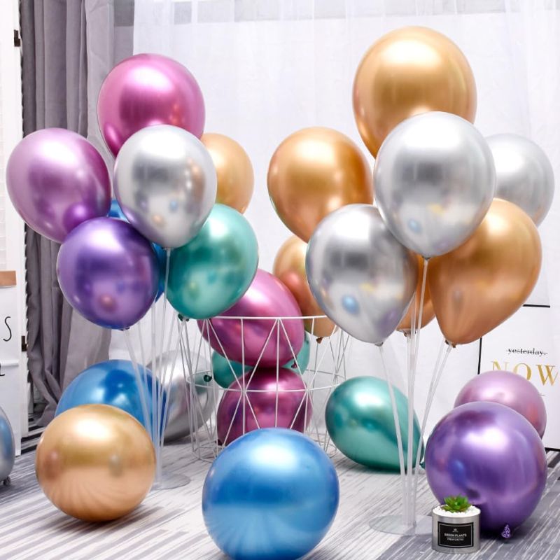 Photo 1 of QRabbit 100 Pack 12" Party Balloons, Premium Quality Strong Latex Ideal for Helium or Air Use, 10 Assorted Chrome Metallic Bright Colors for Wedding Birthday Graduation Anniversary Party Decoration
