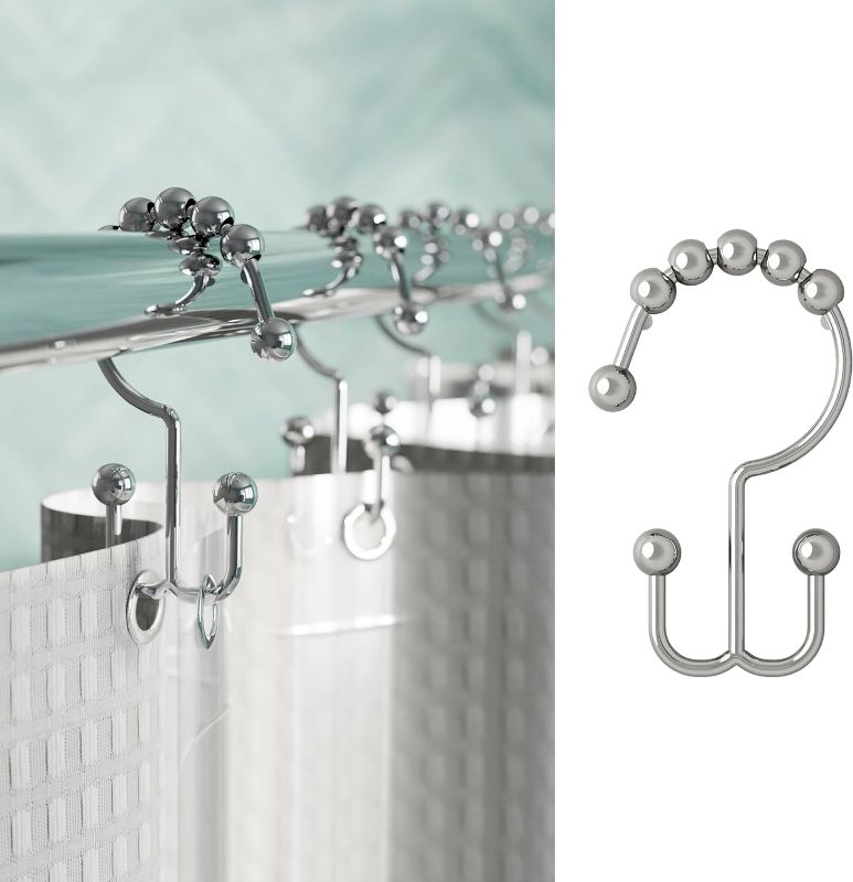 Photo 1 of Maytex Shower Curtain Hooks, Shower Curtain Rings, Rust-Resistant Decorative Double Roller Glide Shower Hooks, Shower Rings for Bathroom Shower Rods, Curtains, Liners, Set of 12, Chrome
