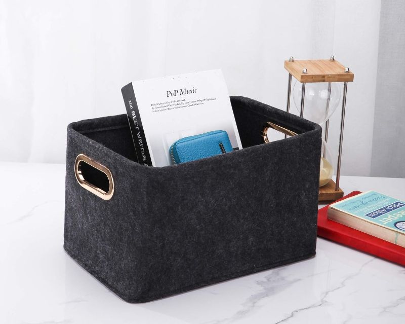 Photo 2 of Collapsible Storage Bins Foldable Felt Fabric Storage Basket Organizer Boxes Containers with Handles Metal Handles for Nursery Toys,Kids Room,Clothes,Towels,Magazine
