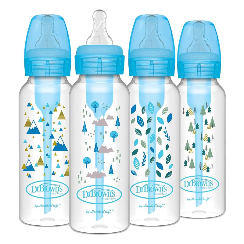 Photo 1 of Dr. Brown’s Natural Flow® Anti-Colic Options+™ Narrow Baby Bottles 8 oz/250 mL, with Level 1 Slow Flow Nipple, 4 Pack, Blue Nature & Triceratops Lovey with HappyPaci Pacifier, 0m+- MINOR DAMAGE
