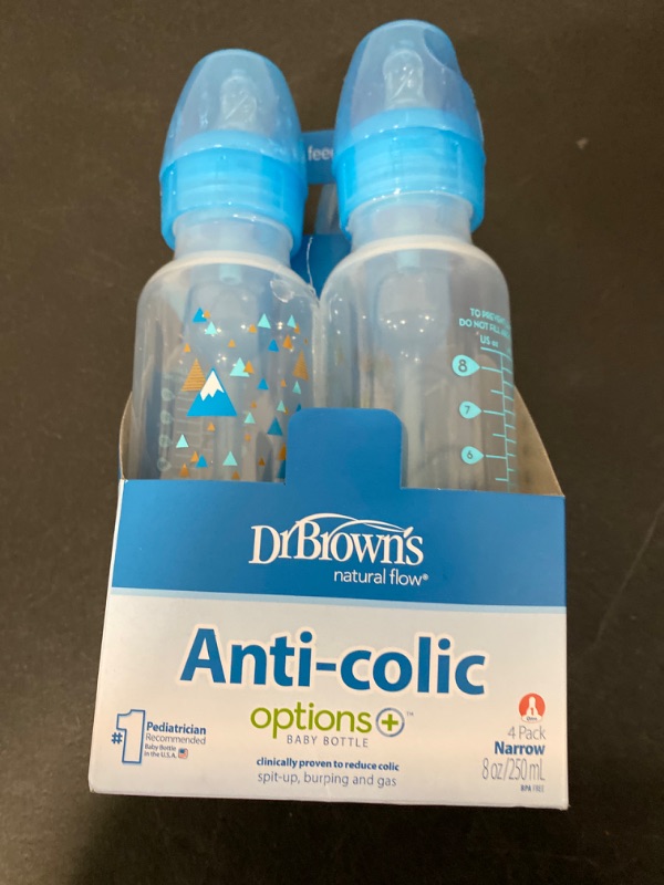 Photo 4 of Dr. Brown’s Natural Flow® Anti-Colic Options+™ Narrow Baby Bottles 8 oz/250 mL, with Level 1 Slow Flow Nipple, 4 Pack, Blue Nature & Triceratops Lovey with HappyPaci Pacifier, 0m+- MINOR DAMAGE
