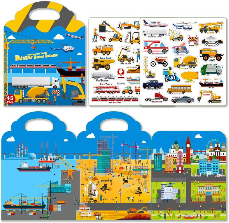Photo 1 of 45 pcs Construction Theme  Sticker Book for Kids 2-4, Vehicles Truck Stickers Educational Learning Toys Travel Stickers Activity Books for Toddler Girls Boys Age 2+ Birthday Gifts
